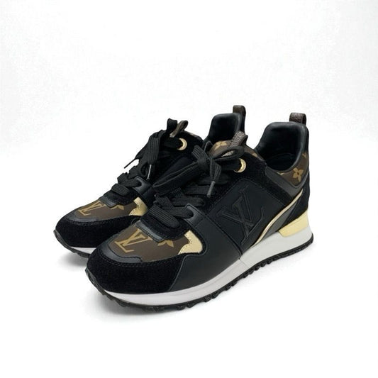 Louis Vuitton Sneakers Shoes Fabric Leather Suede Black Gold Brown Logo In-heel