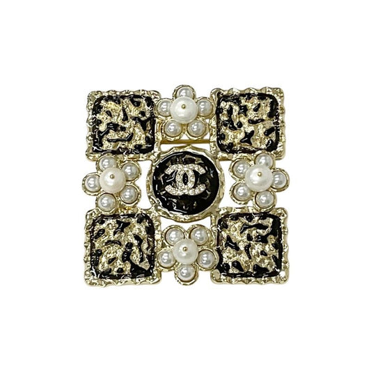 Chanel Brooch Corsage Gold Black Coco Mark Rhinestone