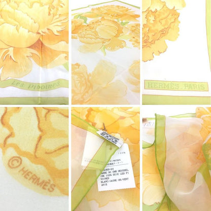 Hermes Scarf Carré 90 LES Pivoines Peony Silk Muslin Yellow Unused Aq11788