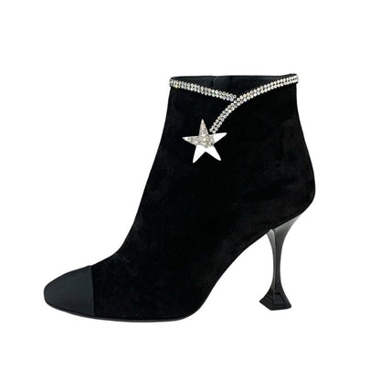 Chanel Boots Short Boots Shoes Suede Fabric Black Rhinestone Star