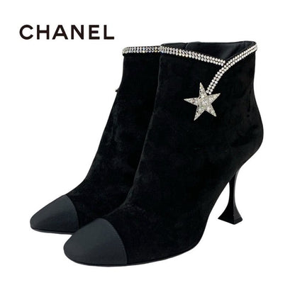 Chanel Boots Short Boots Shoes Suede Fabric Black Rhinestone Star