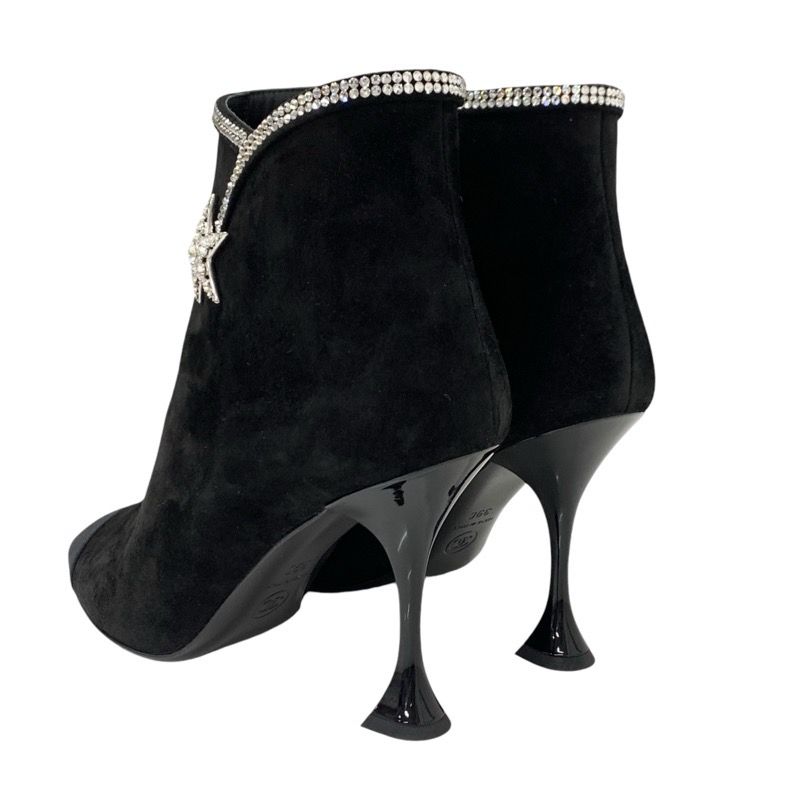 Chanel Boots Short Boots Shoes Suede Fabric Black Rhinestone Star
