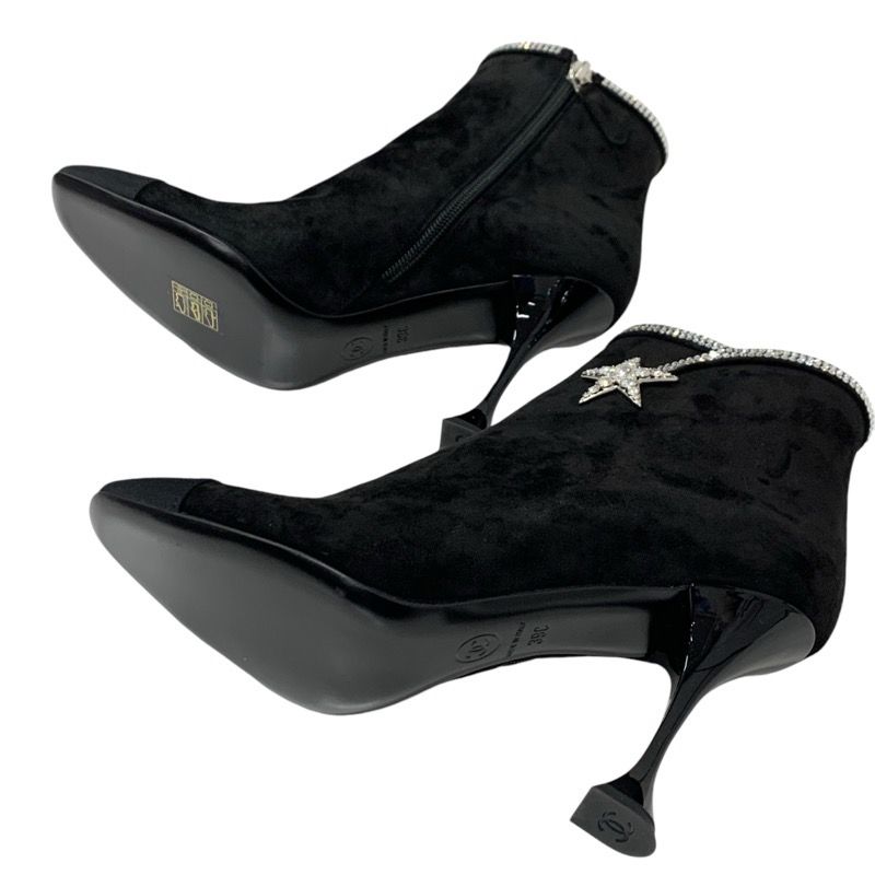 Chanel Boots Short Boots Shoes Suede Fabric Black Rhinestone Star