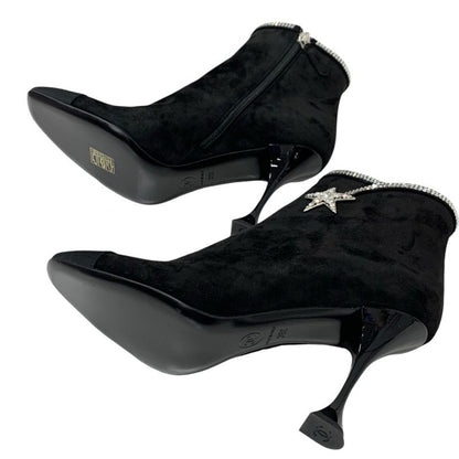 Chanel Boots Short Boots Shoes Suede Fabric Black Rhinestone Star
