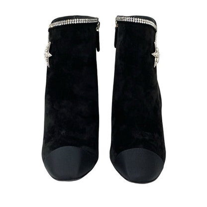Chanel Boots Short Boots Shoes Suede Fabric Black Rhinestone Star