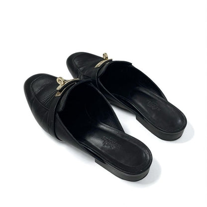 Hermes Oz Flat Shoes Leather Black Gold Mule Kelly Hardware Slipper Sandals