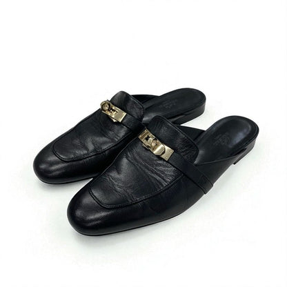 Hermes Oz Flat Shoes Leather Black Gold Mule Kelly Hardware Slipper Sandals
