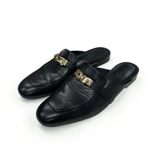Hermes Oz Flat Shoes Leather Black Gold Mule Kelly Hardware Slipper Sandals