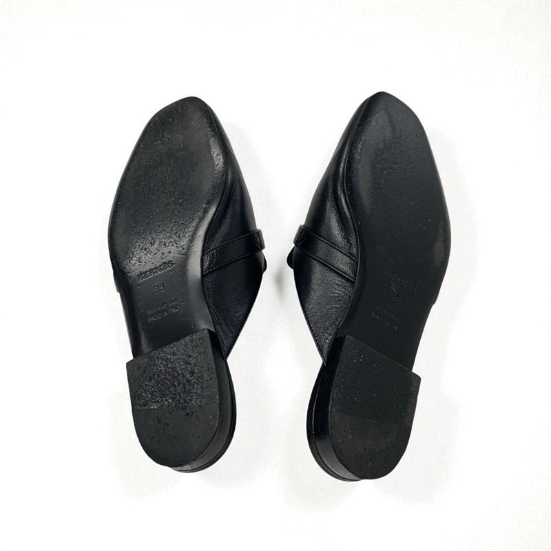 Hermes Oz Flat Shoes Leather Black Gold Mule Kelly Hardware Slipper Sandals