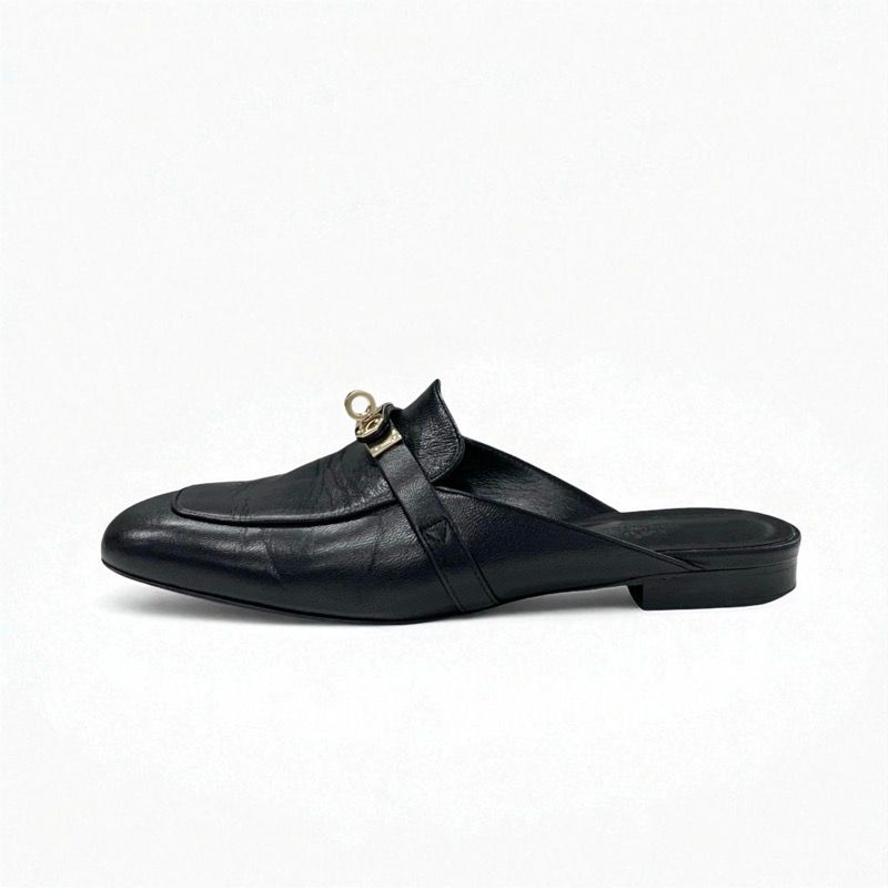 Hermes Oz Flat Shoes Leather Black Gold Mule Kelly Hardware Slipper Sandals
