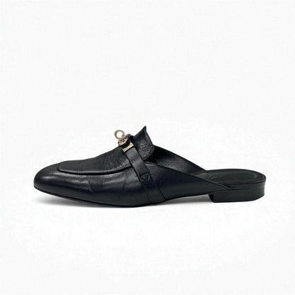 Hermes Oz Flat Shoes Leather Black Gold Mule Kelly Hardware Slipper Sandals