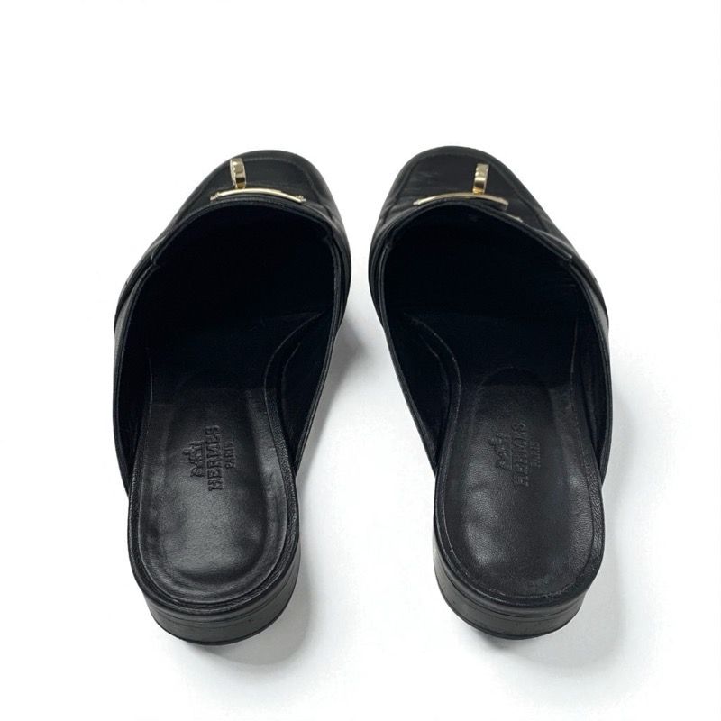 Hermes Oz Flat Shoes Leather Black Gold Mule Kelly Hardware Slipper Sandals