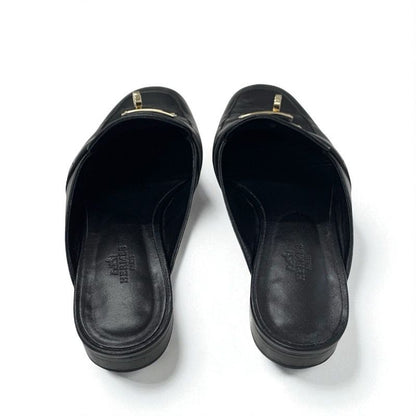 Hermes Oz Flat Shoes Leather Black Gold Mule Kelly Hardware Slipper Sandals