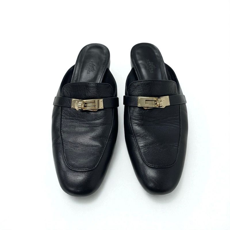 Hermes Oz Flat Shoes Leather Black Gold Mule Kelly Hardware Slipper Sandals
