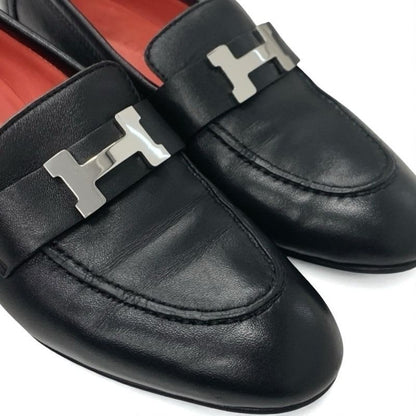 Hermes Paris Loafer Leather Shoes Black Silver Hhardware Moccasins