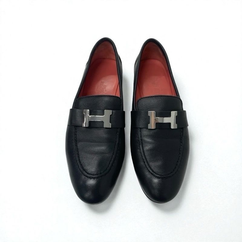 Hermes Paris Loafer Leather Shoes Black Silver Hhardware Moccasins