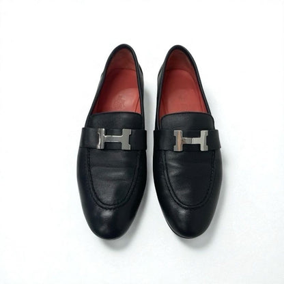 Hermes Paris Loafer Leather Shoes Black Silver Hhardware Moccasins
