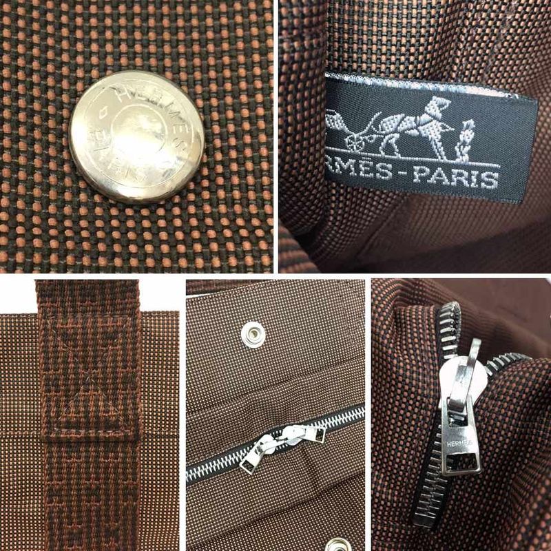 Hermes Her Line Tote Bag MM Nylon Canvas Brown Men Women Unisex Back Aq11720