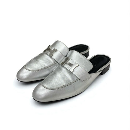Hermes Trocadero Flat Shoes Leather Silver Mules Hhardware