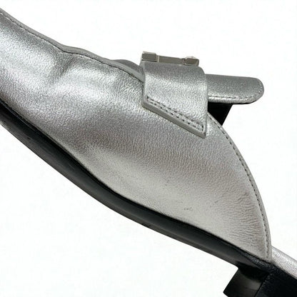 Hermes Trocadero Flat Shoes Leather Silver Mules Hhardware