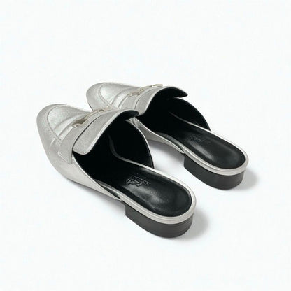 Hermes Trocadero Flat Shoes Leather Silver Mules Hhardware