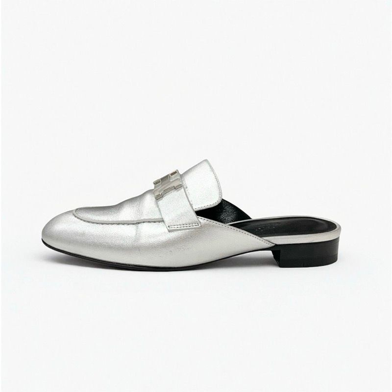 Hermes Trocadero Flat Shoes Leather Silver Mules Hhardware
