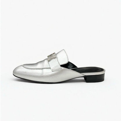 Hermes Trocadero Flat Shoes Leather Silver Mules Hhardware