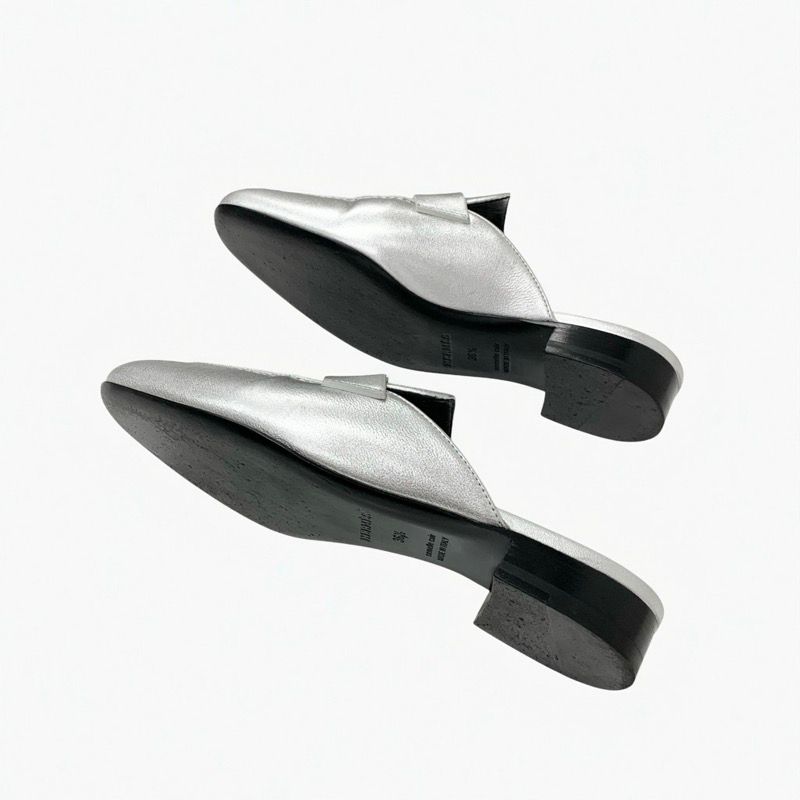 Hermes Trocadero Flat Shoes Leather Silver Mules Hhardware