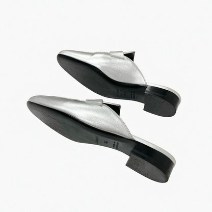 Hermes Trocadero Flat Shoes Leather Silver Mules Hhardware