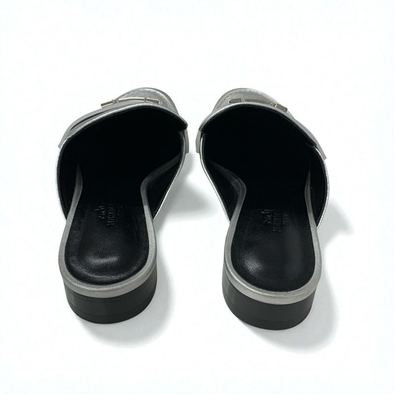 Hermes Trocadero Flat Shoes Leather Silver Mules Hhardware
