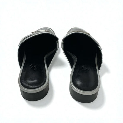 Hermes Trocadero Flat Shoes Leather Silver Mules Hhardware