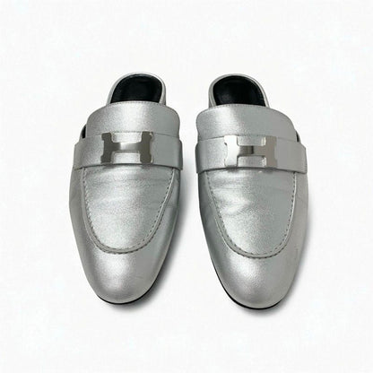 Hermes Trocadero Flat Shoes Leather Silver Mules Hhardware
