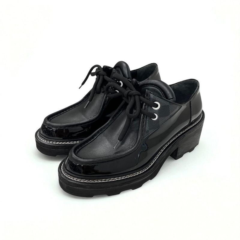 Louis Vuitton Bobur Line Loafer Leather Shoes Patent Leather Black Damier Derby