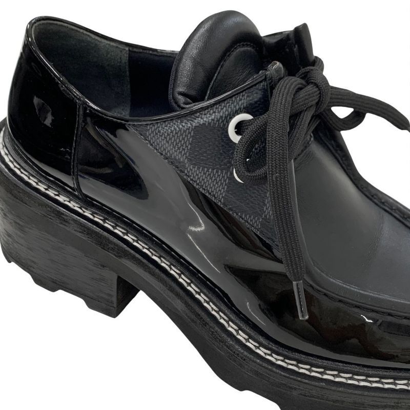 Louis Vuitton Bobur Line Loafer Leather Shoes Patent Leather Black Damier Derby