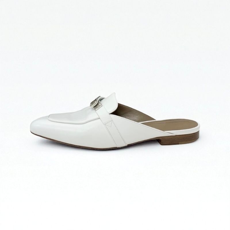 Hermes Oz Flat Shoes Leather White Silver Kelly Hardware Mule Slipper Sandals