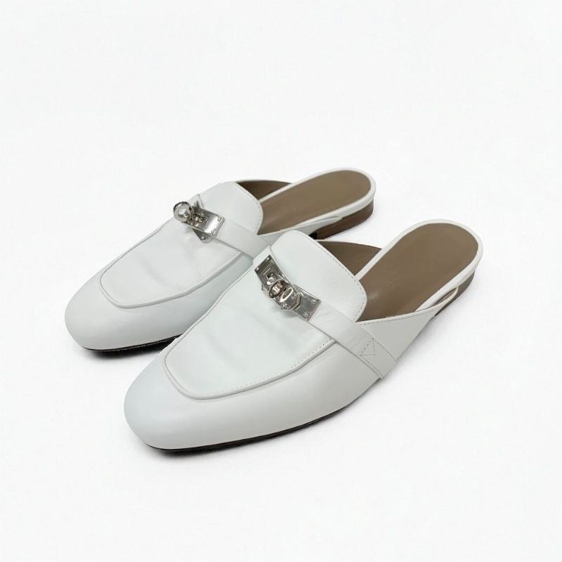 Hermes Oz Flat Shoes Leather White Silver Kelly Hardware Mule Slipper Sandals