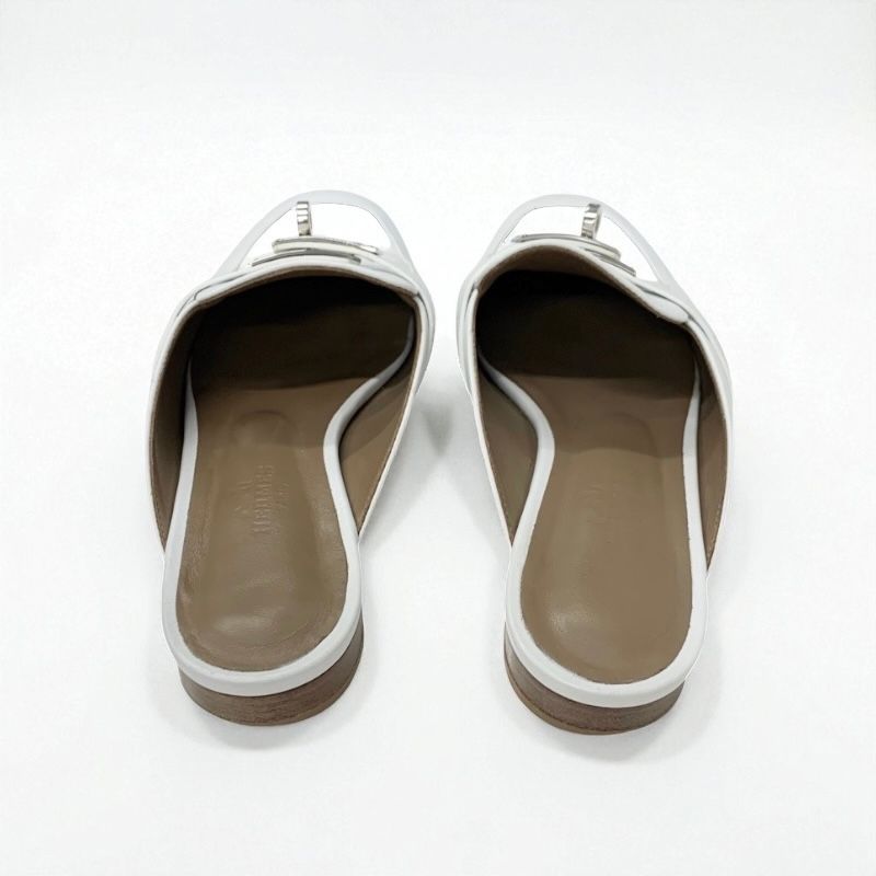 Hermes Oz Flat Shoes Leather White Silver Kelly Hardware Mule Slipper Sandals