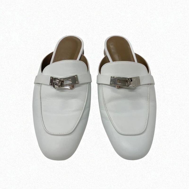 Hermes Oz Flat Shoes Leather White Silver Kelly Hardware Mule Slipper Sandals