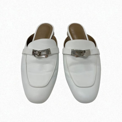 Hermes Oz Flat Shoes Leather White Silver Kelly Hardware Mule Slipper Sandals