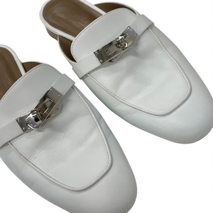 Hermes Oz Flat Shoes Leather White Silver Kelly Hardware Mule Slipper Sandals