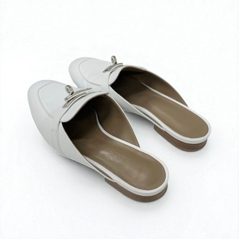 Hermes Oz Flat Shoes Leather White Silver Kelly Hardware Mule Slipper Sandals