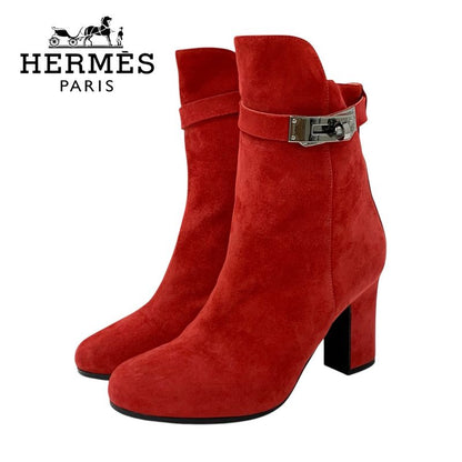 Hermes Boots Short Boots Shoes Suede Red Silver Kelly Hardware