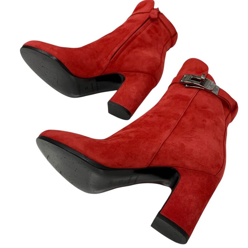 Hermes Boots Short Boots Shoes Suede Red Silver Kelly Hardware