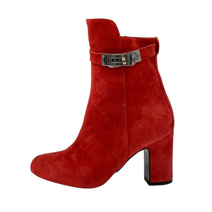 Hermes Boots Short Boots Shoes Suede Red Silver Kelly Hardware