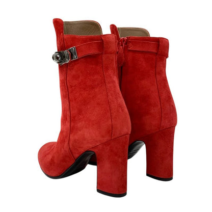 Hermes Boots Short Boots Shoes Suede Red Silver Kelly Hardware