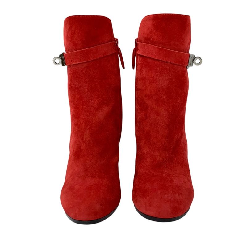 Hermes Boots Short Boots Shoes Suede Red Silver Kelly Hardware