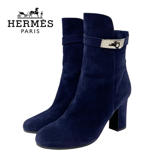 Hermes Boots Short Boots Shoes Suede Navy Silver Kelly Hardware