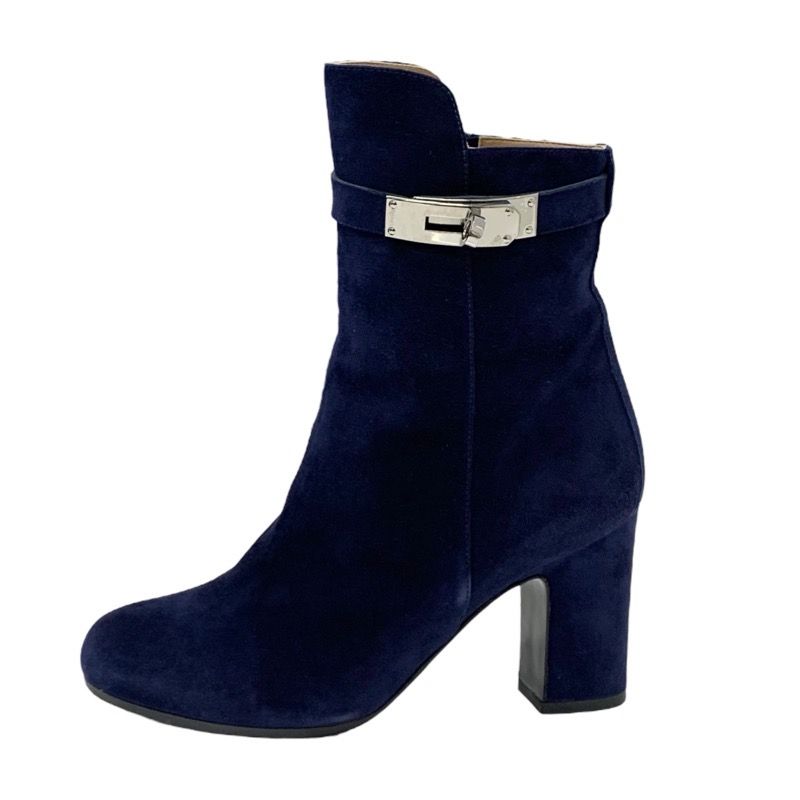 Hermes Boots Short Boots Shoes Suede Navy Silver Kelly Hardware