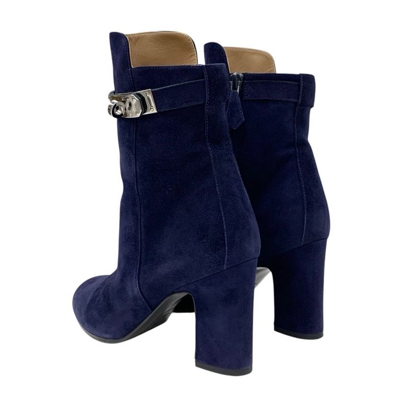 Hermes Boots Short Boots Shoes Suede Navy Silver Kelly Hardware