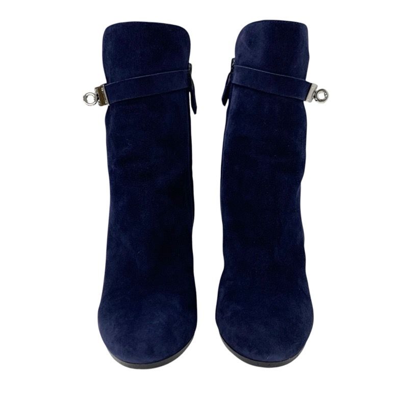Hermes Boots Short Boots Shoes Suede Navy Silver Kelly Hardware
